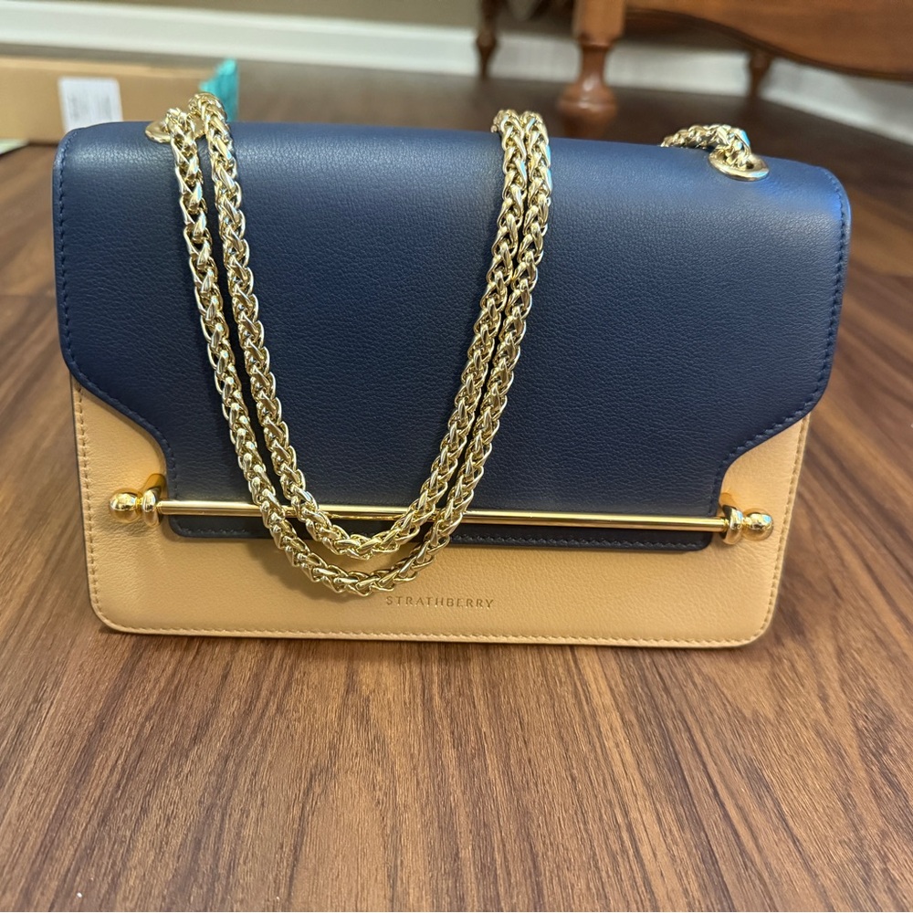 Strathberry Limited Edition East West Navy Tan Vanilla Tri Color